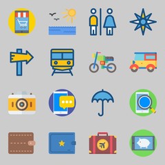 Icons set about Travel. with wallet, toilet and umbrella