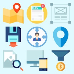 Icons set about Seo with target, newspaper, funnel, backup, map and design