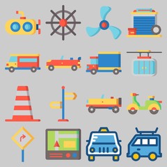 Icon set about Transportation with keywords sport  car, gps, rudder, direction sing, cable car and van