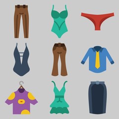 Icon set about Women Clothes with keywords panties, pants, swimsuit, dress, shirt and trousers