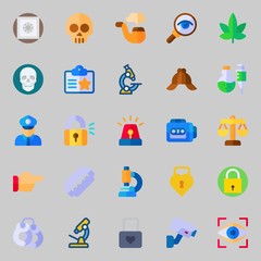 icons set about Crime Investigation. with point, skull, pipe, magnifying glass, tape recorder and eye scan