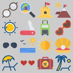 Icon set about Beach And Camping with keywords sand castle, tour, sunglasses, sun, mountains and pearl