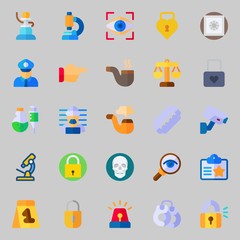 icons set about Crime Investigation. with shisha, criminal, policeman, razor, evidence and eye scan