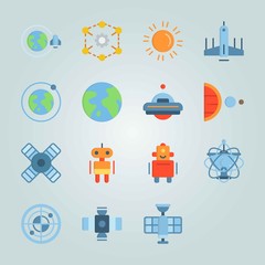 Icon set about Universe. with spacecraft, circles and system of planets