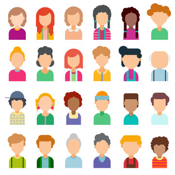Colorful set of avatars in flat design. Vector illustration. Portraits of different people on a white background.