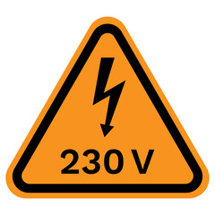 230 VOLT dangern sign in yellow triangle. Vector icon.