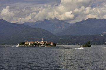 Panoramic view of Lake Maggiore and its islands, in the background the Alps.