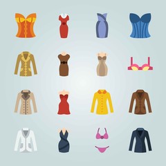 Icon set about Woman Clothes. with bikini, dress and coat