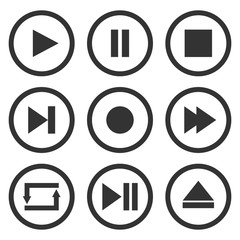 Media player control buttons set. Play, pause, stop, record, forward, rewind, previous, next, eject, repeat  icons in circle. Vector.