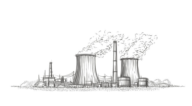 Nuclear Power Plant Hand Drawn Sketch. Vector.