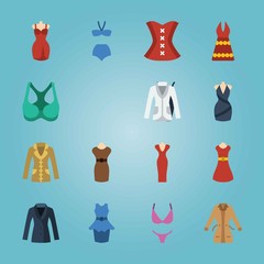 Icon set about Woman Clothes. with bikini, corset and coat