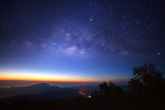 milky way galaxy before morning sunrise at Doi inthanon Chiang mai, Thailand. Long exposure photograph. With grain