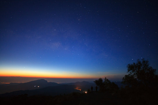 milky way galaxy before morning sunrise at Doi inthanon Chiang mai, Thailand. Long exposure photograph. With grain