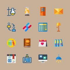 icon set about education and school with browser, lava lamp and law book