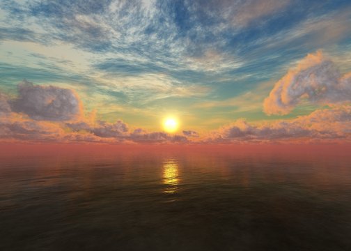Sunset at sea, ocean sunrise, the sun over the water in the sky with clouds
