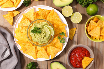 tortilla chip, nacho and dip