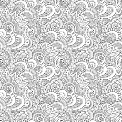 Monochrome Seamless Pattern with Floral Motifs. Endless Texture with Flowers, Leaves etc. Natural Background in Doodle Line Style. Coloring Book Page. Vector Contour Illustration. Abstract Art