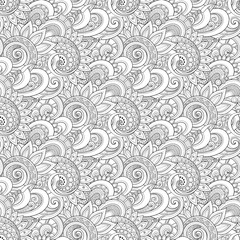 Monochrome Seamless Pattern with Floral Motifs. Endless Texture with Flowers, Leaves etc. Natural Background in Doodle Line Style. Coloring Book Page. Vector Contour Illustration. Abstract Art