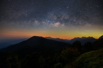 Fototapeta na wymiar Beautiful mountain landscape with Milky way galaxy at Monson viewpoint Doi AngKhang, Chaingmai Thailand