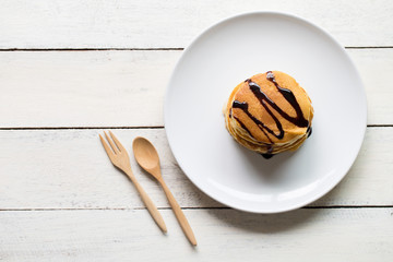 Delicious pancakes  on white  wooden table top view