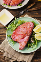 Cooked delicious tuna fish with green salad