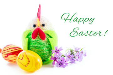 Happy Easter. Colorful easter chick, eggs and yellow feather. border template, easter greeting and holiday card.