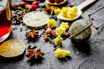 Teacup and herbs on grey background