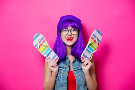 girl with purple hair with flip flops shoes