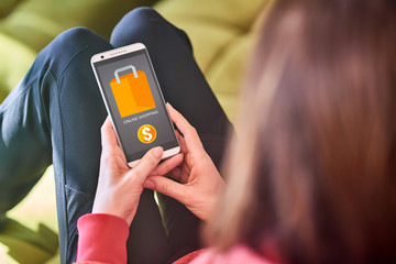Online shopping woman - mobile display with US dollar currency