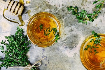 Fresh Thyme tea close up. Herbal tea drink  top view