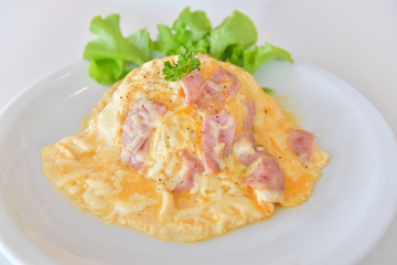 Creamy Omelet with Bacon on Rice
