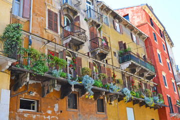 Beautiful traditional Italian building with flowers on balcony of medieval wall, Piazza delle Erbe, Verona, Italy