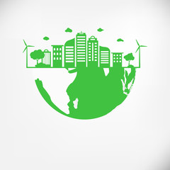 Save Earth Planet World Concept. World environment day concept. green modern urban city on green globe, safe the world , Natural and Ecology concept