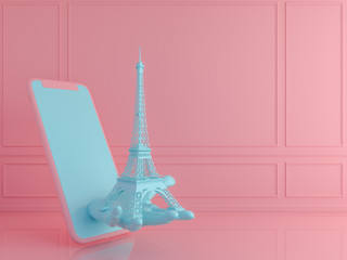 Naklejka na ściany i meble Pastel eiffel tower with smartphone .Love travel Paris concept.3d render
