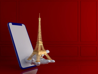 Fototapeta na wymiar Pastel tower with smartphone .Love travel Paris concept.3d render