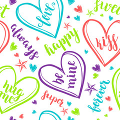 Valentine's Day Romantic seamless pattern with brush calligraphy style lettering and hearts.