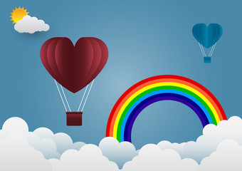 Fototapeta na wymiar Valentine's day balloons in a heart shaped flying over grass view background, paper art style.