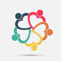 Five people heart in a circle holding hands.The summit workers are meeting in the same power room.