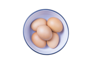 Five eggs in bowl on white background isolated with clipping path.