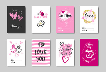 Fototapeta na wymiar Happy Valentines Day Cards Set With Calligraphy Lettering In Doodle Style Sketch Love Postcard Vector Illustration
