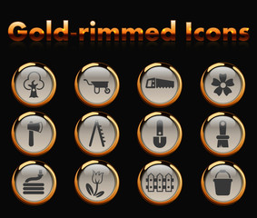 gardening gold-rimmed vector icons with black background