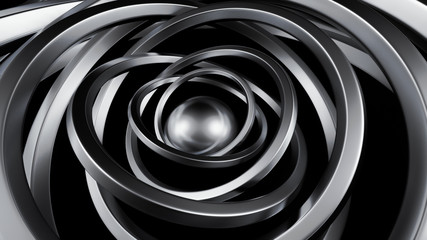 Futuristic metallic black background with rings. 3d illustration, 3d rendering.