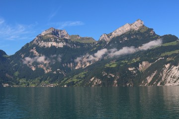 Beautiful view on the Swiss Alps over the Lake Lucerne on a clear morning