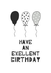 Have an exellent birthday - hand drawn nursery birthday poster with candles and cut out lettering in scandinavian style.