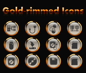 memory drives gold-rimmed vector icons with black background