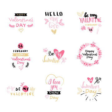 Set Of Valentines Day Typography Lettering Logo. Love Emblems Design With Hearts Hand Drawn Calligraphy Isolated Vector Illustration