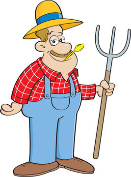 Cartoon illustration of a farmer holding a pitchfork.