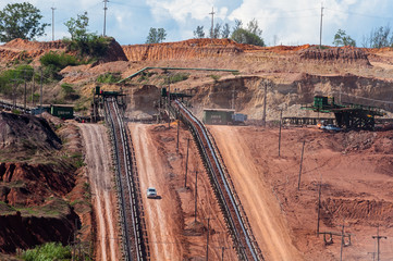 Outdoor incline large conveyor with rubber belt conveyor for transportation line for processing the coal in the coal mine.