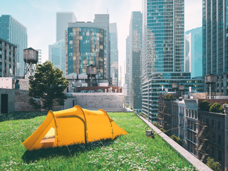 wanderlust in a big city. camping concept. 3d rendering