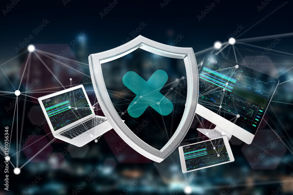 Poster shield symbol surrounded by devices and network displayed on a futuristic interface